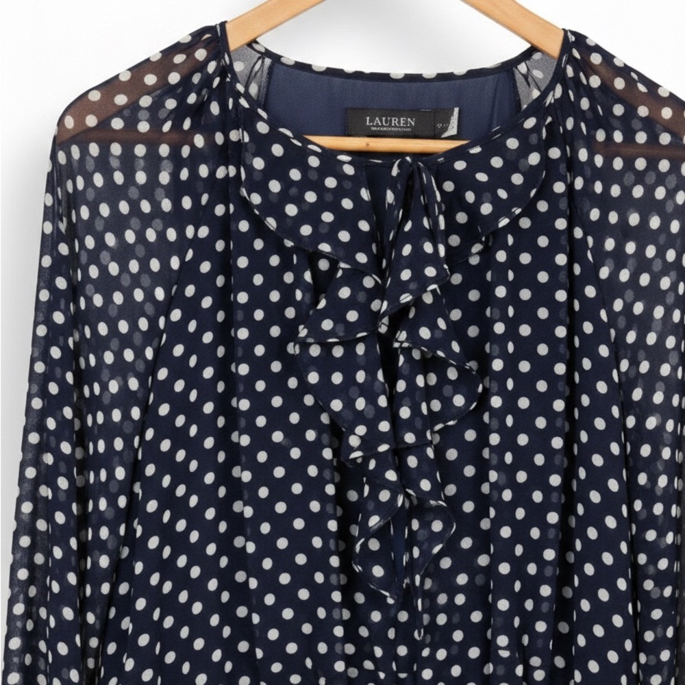 Lauren Ralph Lauren Polka Dot Chiffon Midi Dress Smocked Waist Navy Size 12 - Picture 13 of 14